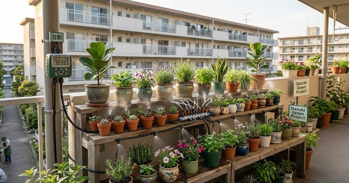 たくさんの植木鉢が団地の部屋の前に並んで自動水やり機で水やりしているイメージ図