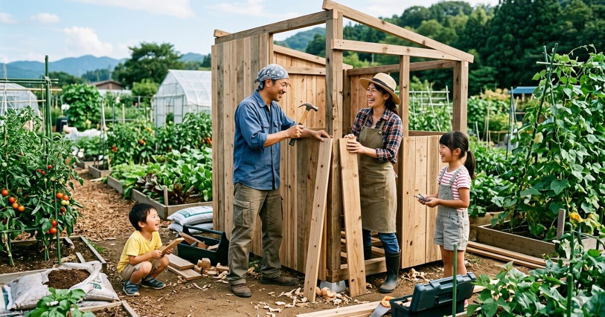 家族で小屋をDIYをしているイメージ図