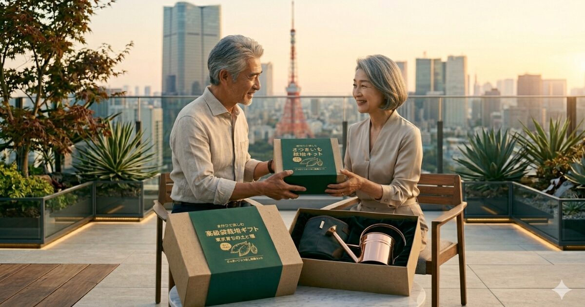 夫婦が高級袋栽培のププレゼントをもらって喜んでいるイメージ図