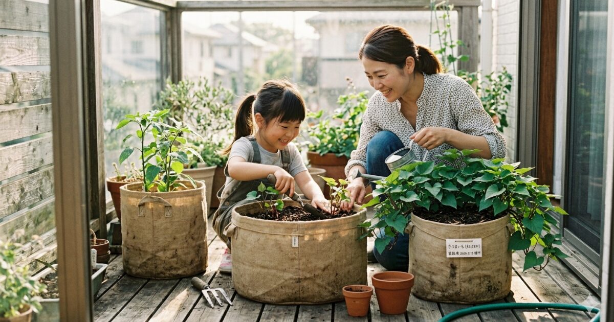 親子で袋栽培のさつまいもをしているイメージ図