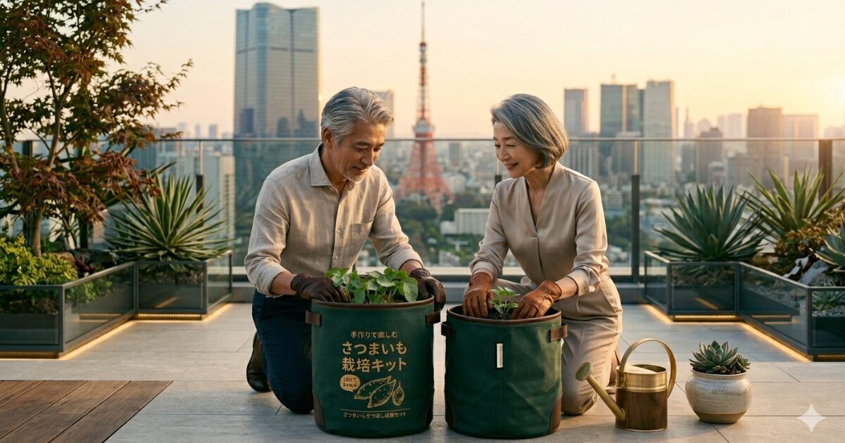 夫婦がベランダで高級袋栽培を育てているイメージ図