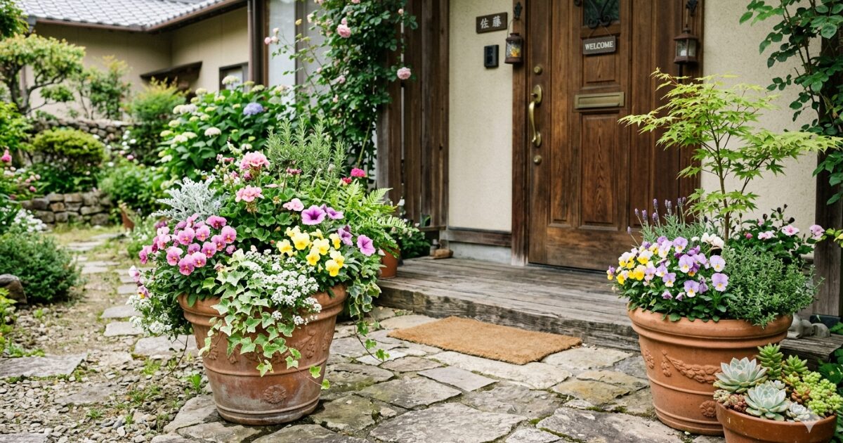 玄関前にて花の寄せ植えのイメージ図