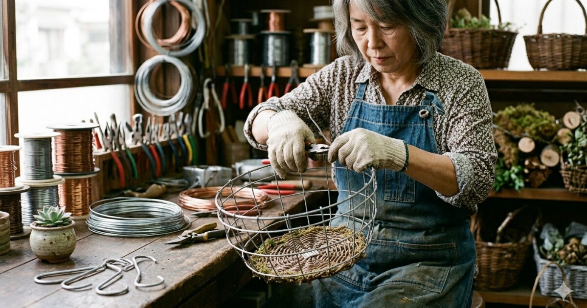 ガーデニングワイヤーを作成している女性のイメージ図