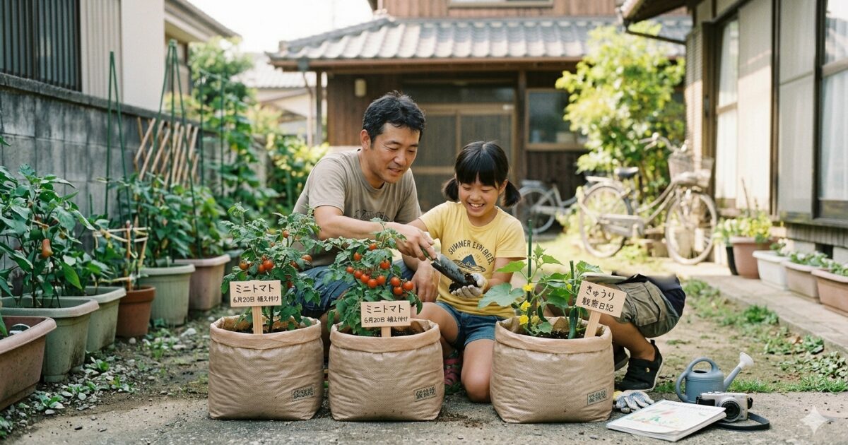 親子で夏休み袋栽培自由研究のイメージ図