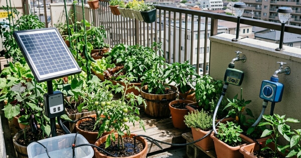 ベランダで自動水やり機のソーラー式と電池式で水やりしているイメージ図