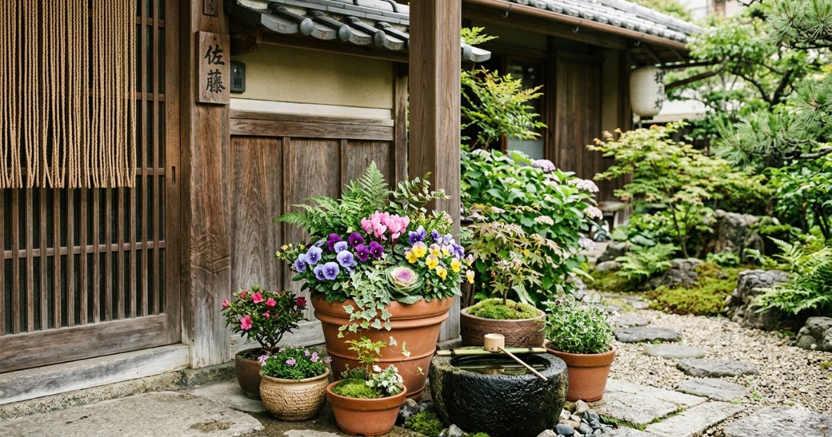 ガーデニングで玄関前寄せ植えでおしゃれに玄関を彩る！初心者でも簡単な配置と花選びのイメージ図