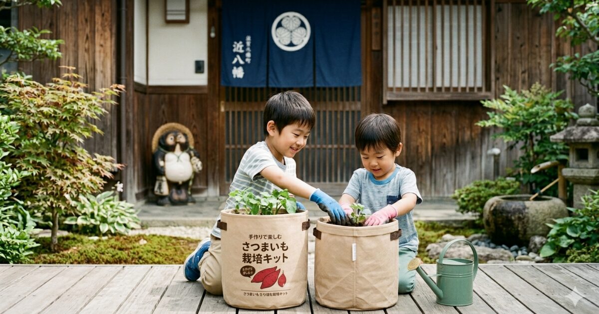 兄弟がさつまいもの袋栽培をしているイメージ図