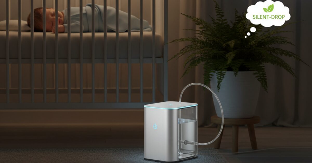 無音の自動水やり機で夜寝いている赤ちゃんも起きないイメージ図