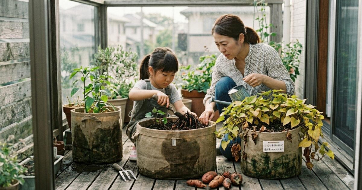 親子がさつまいもの袋栽培をして失敗したイメージ図