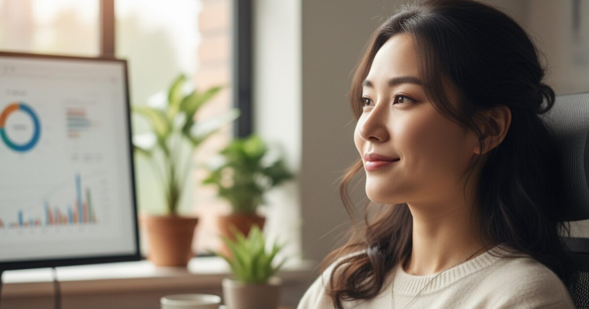 仕事中に安心している表情の女性のイメージ図