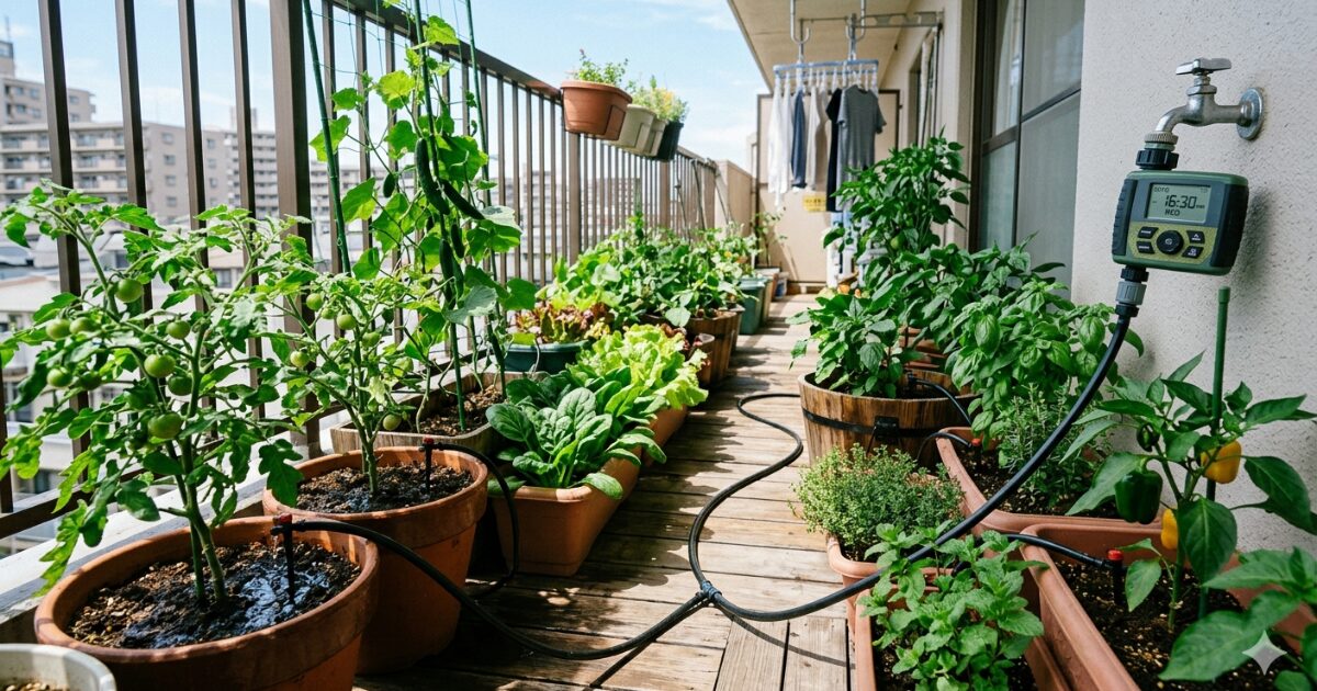 ベランダで家庭菜園をしていて自動水やり機で水やりしているイメージ図