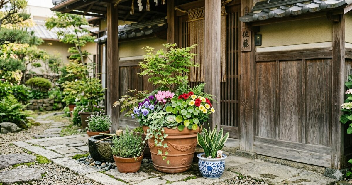 玄関前に寄せ植えの花のイメージ図