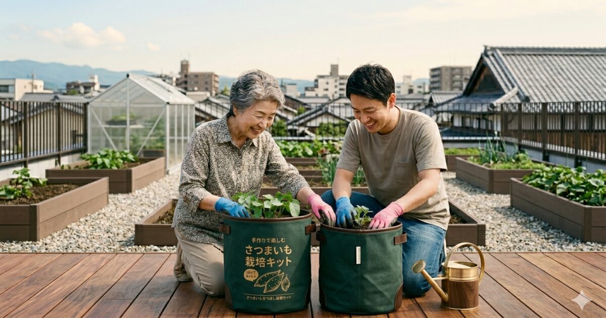 親子が高級袋栽培で栽培しているイメージ図