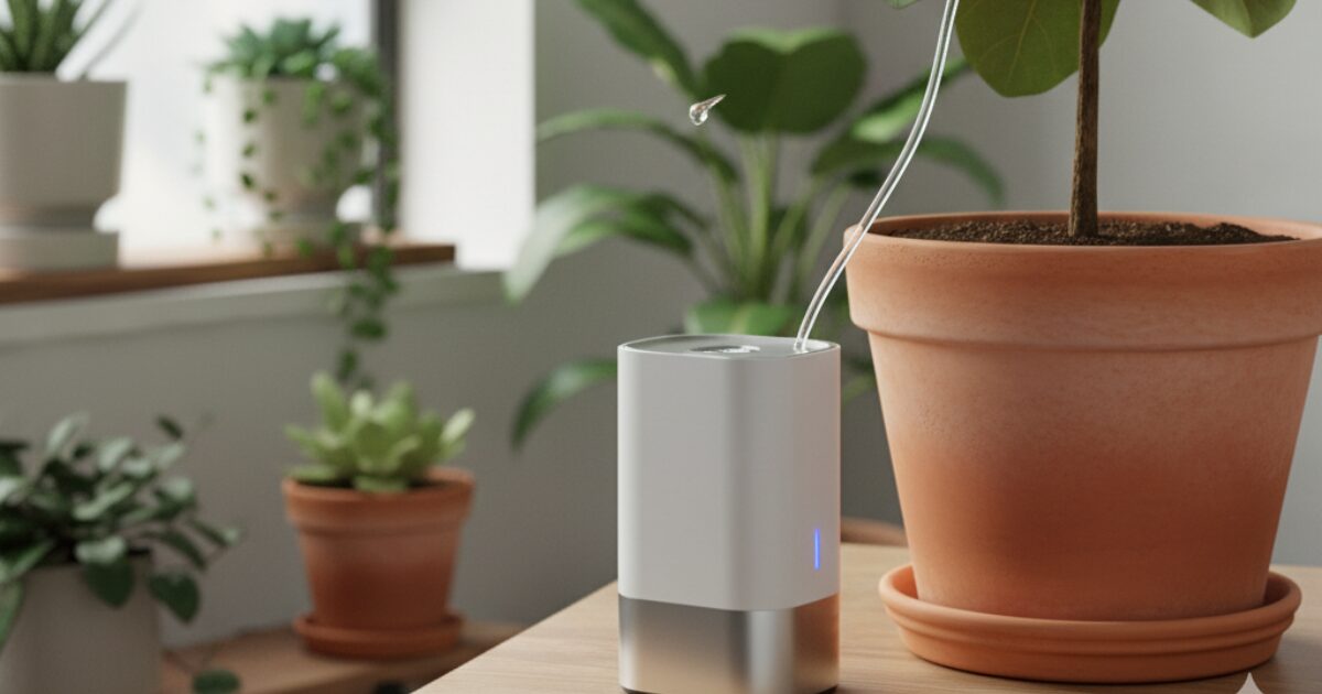 室内で自動水やり機で水やりしているイメージ図