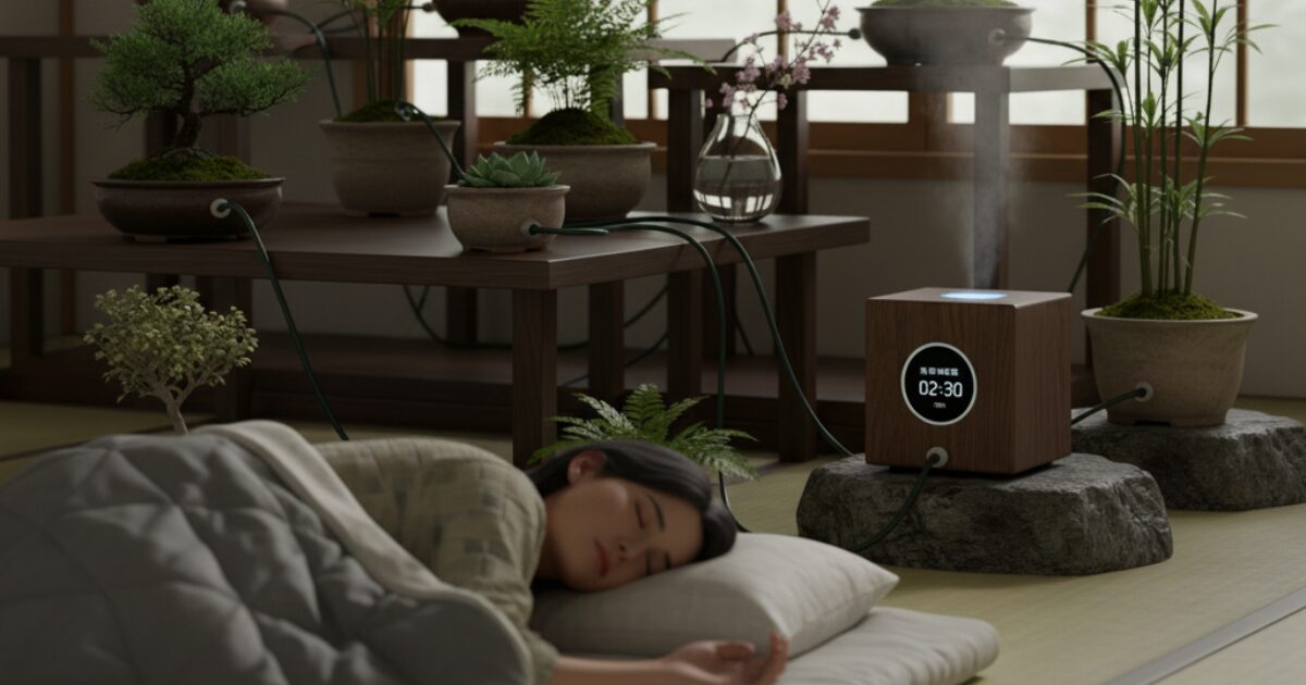 部屋で無音の自動水やり機で観葉植物に水やりをしている中、寝ている女性のイメージ図