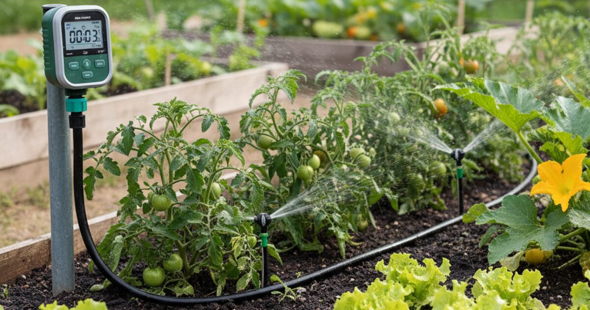 タイマー付き自動水やり機のイメージ図