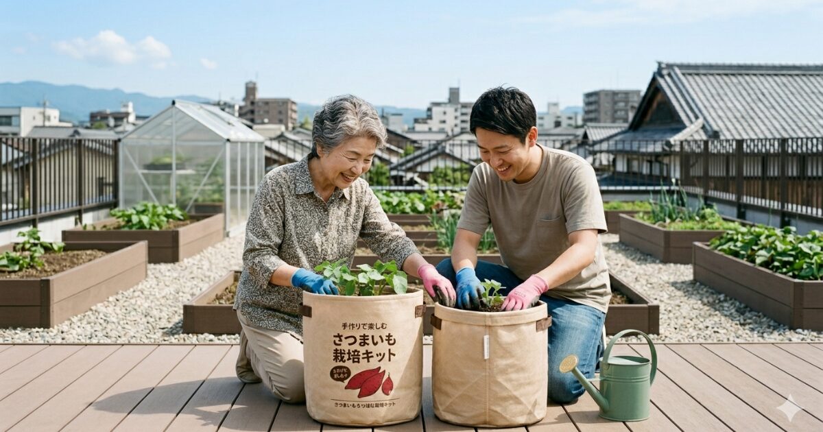 親子がさつまいもの袋栽培をしているイメージ図