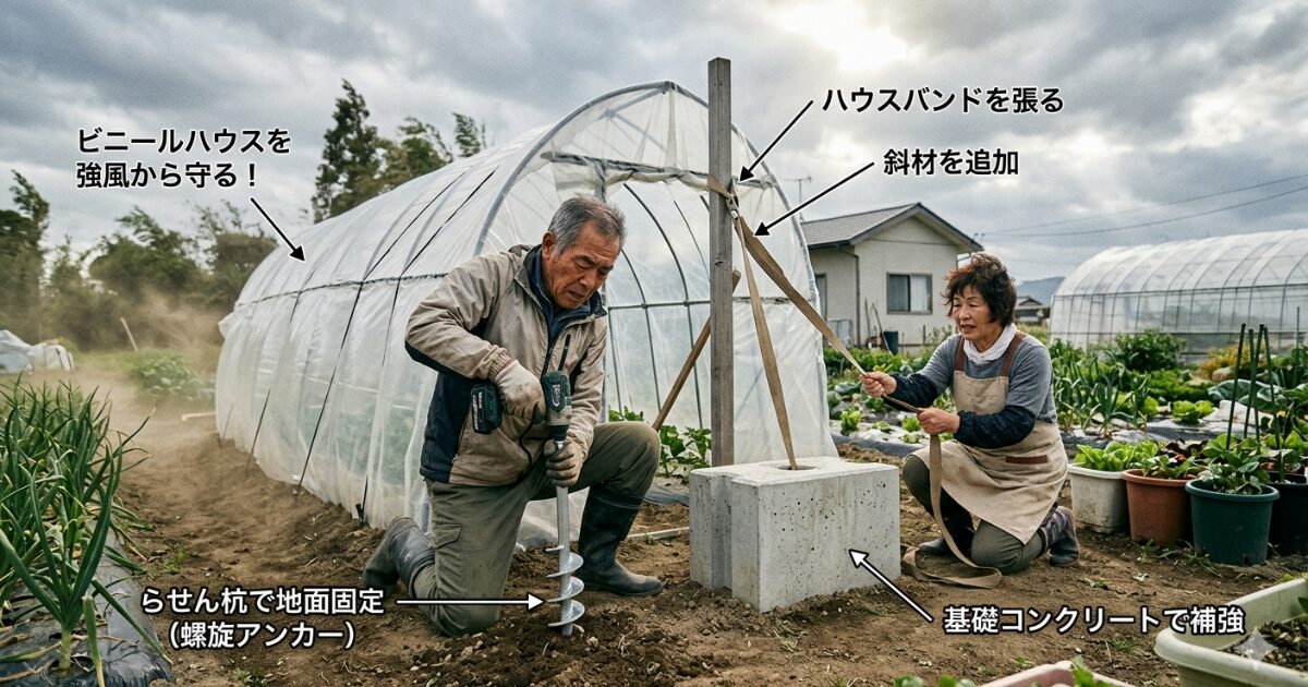 ビニールハウスを強風から守る！地面固定の方法と基礎知識【アンカー・らせん杭・基礎工事】のイメージ図