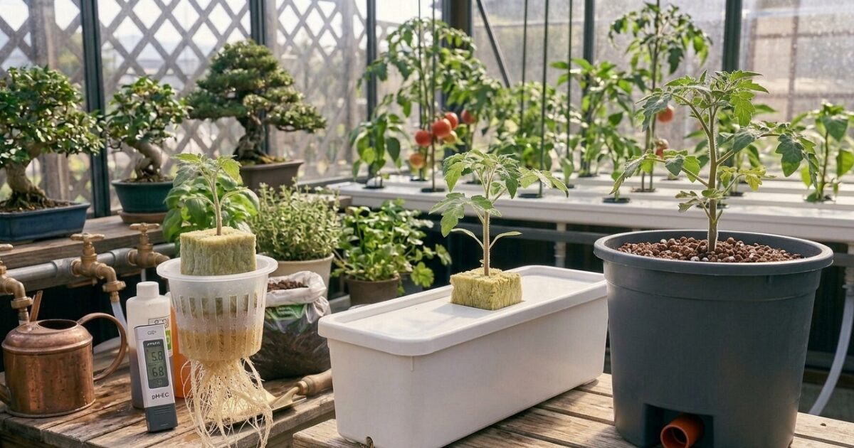 水耕栽培のいろんな種類のポットのイメージ図
