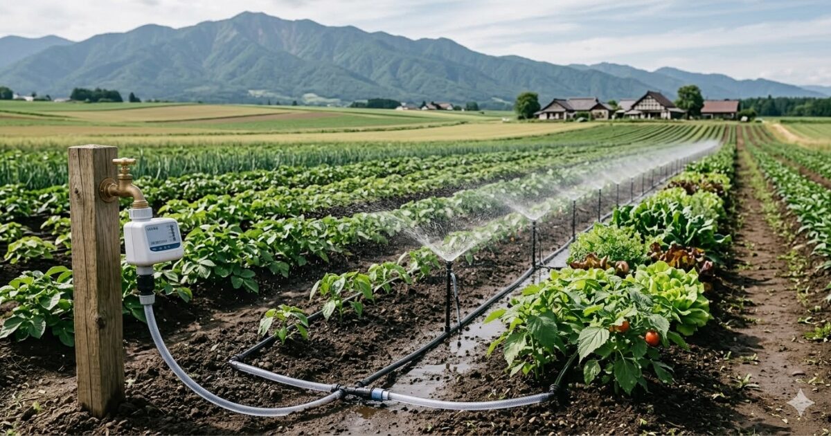 畑に水道直結型自動水やり機で水やりしているイメージ図