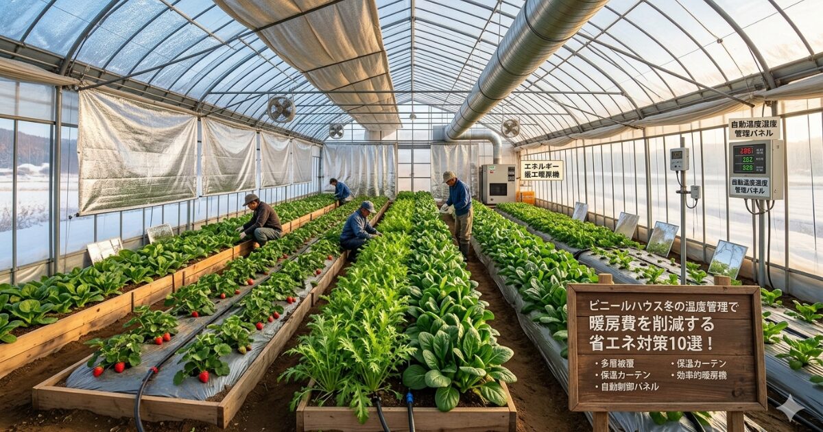 ビニールハウス冬の温度管理で暖房費を削減する省エネ対策10選！保温性向上と効率的な加温技術を徹底解説のイメージ図