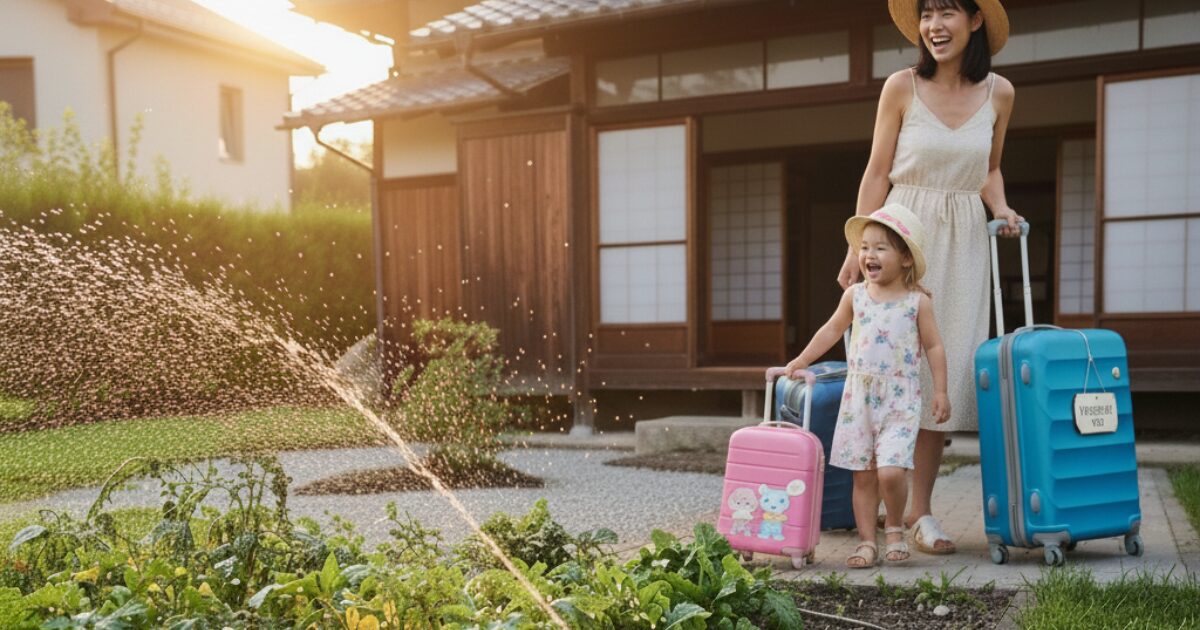 親子で旅行に行くようすで、家庭菜園の自動水やり機が水やりをしているイメージ図。