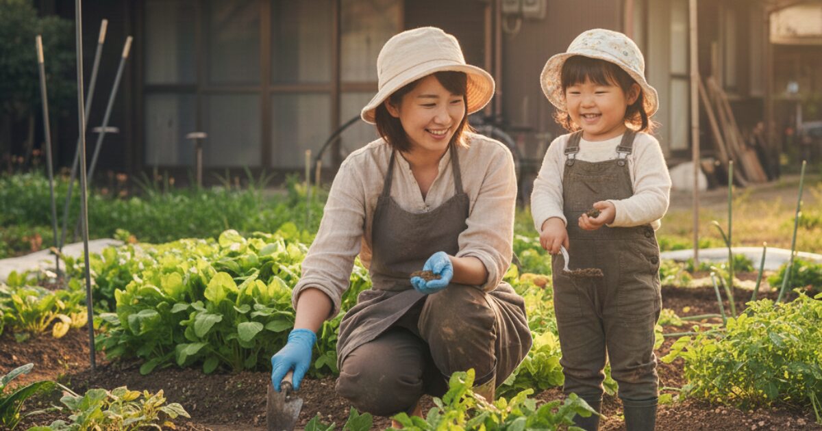 庭で楽しそうにしている親子が家庭菜園の野菜を育てている
