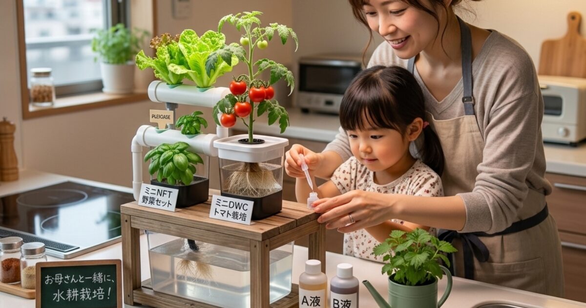 親子で室内水耕栽培しているイメージ図