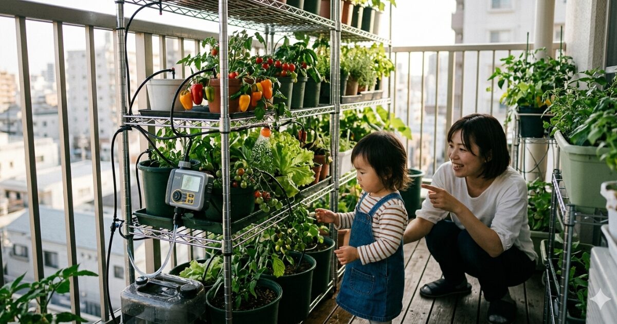 母子がベランダで自動水やり機で水やりしているイメージ図