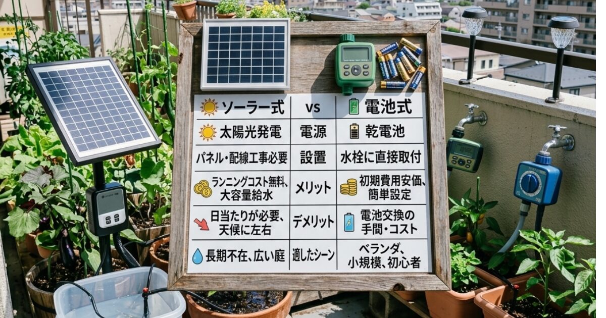 自動水やり機でソーラー式と電池式の比較されているイメージ図
