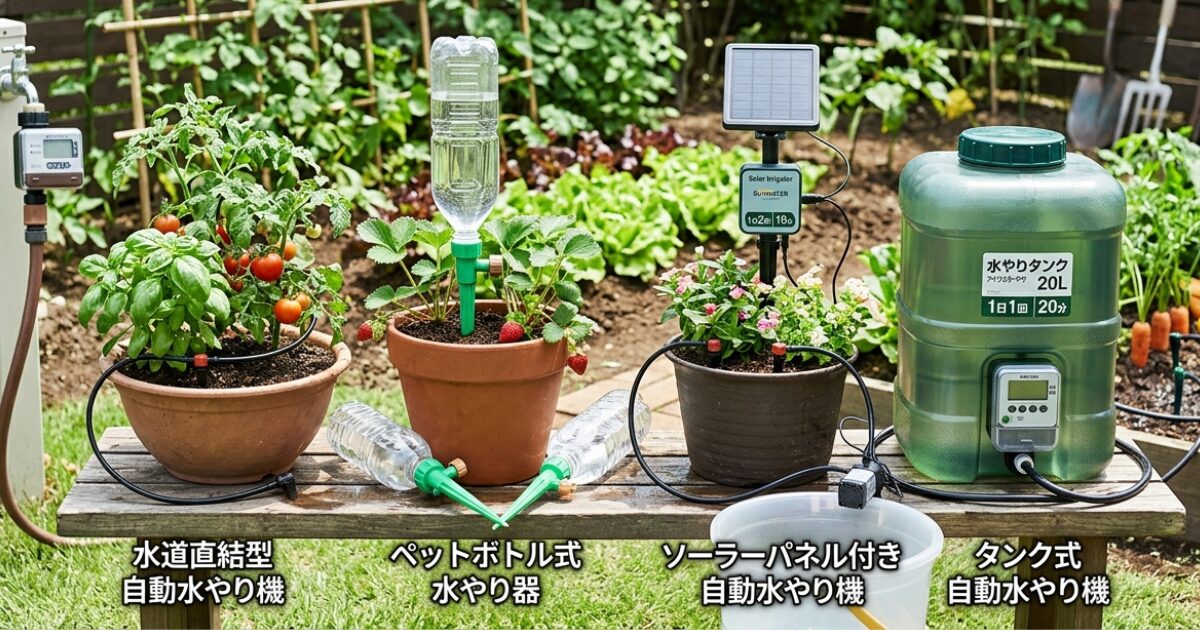 自動水やり機の比較をしているイメージ図