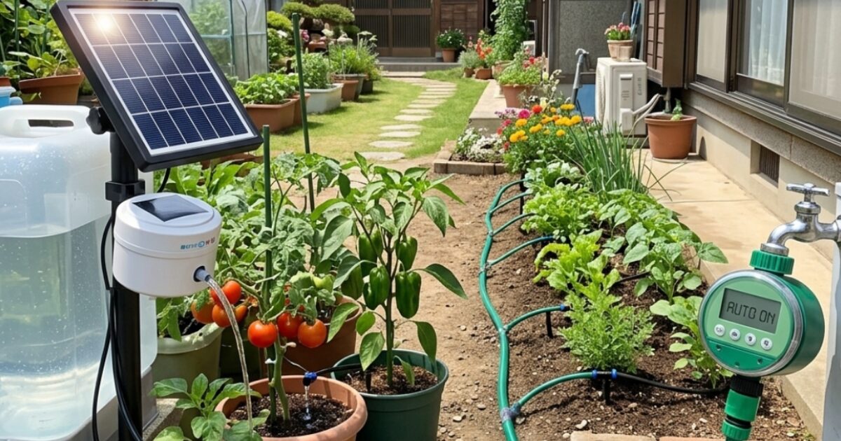 庭で自動水やり機のソーラー式と電池式で水やりしているイメージ図