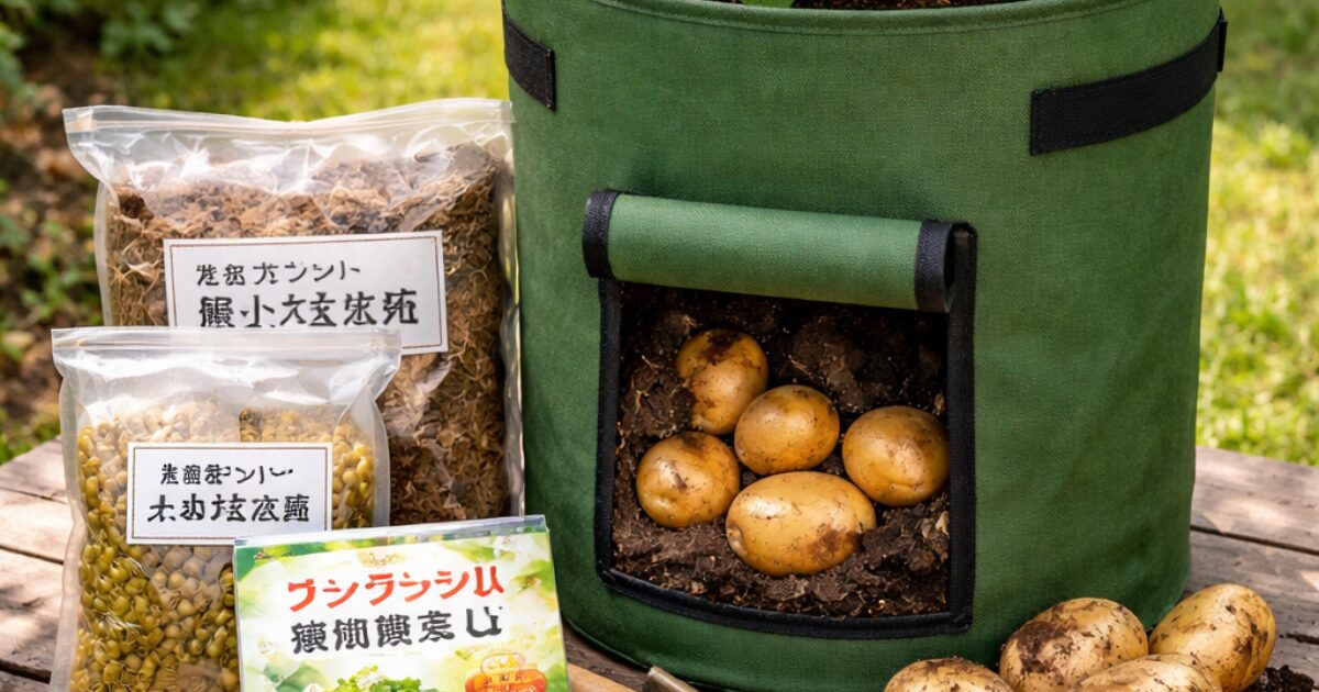ジャガイモの袋栽培しているイメージ図