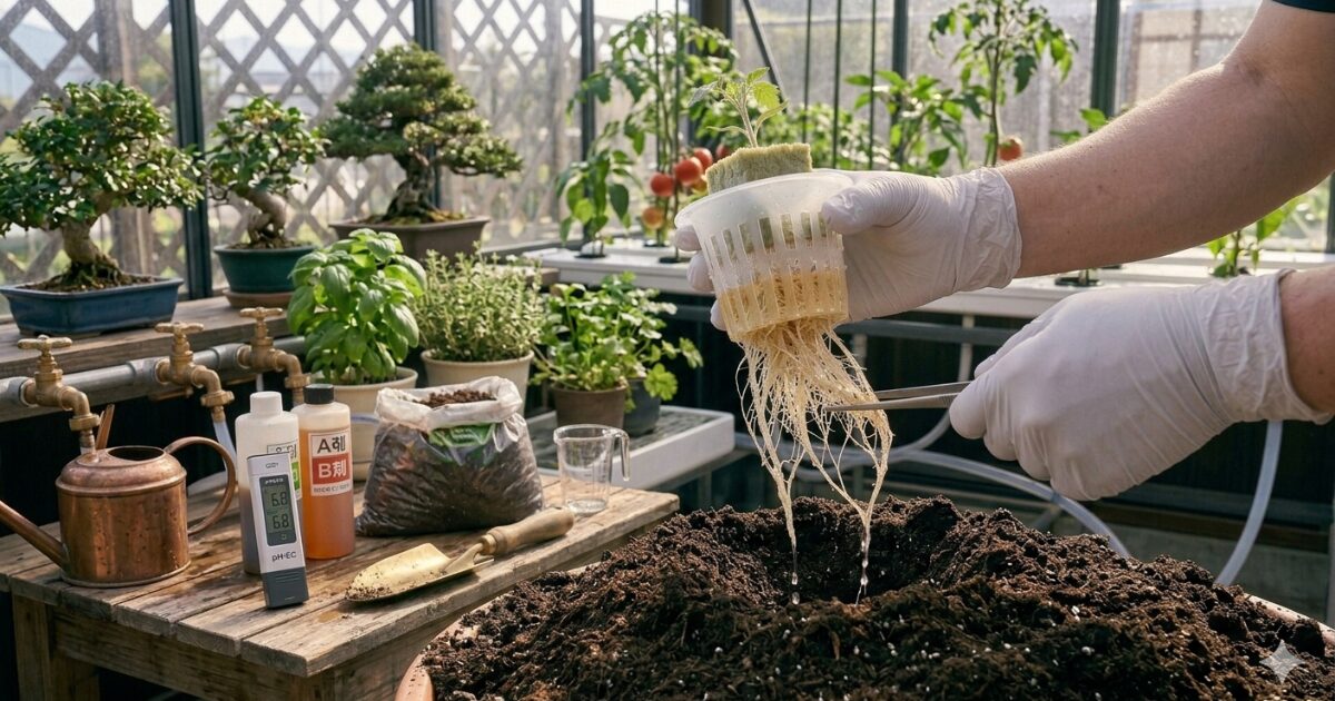 水耕栽培を土に植え替えるイメージ図