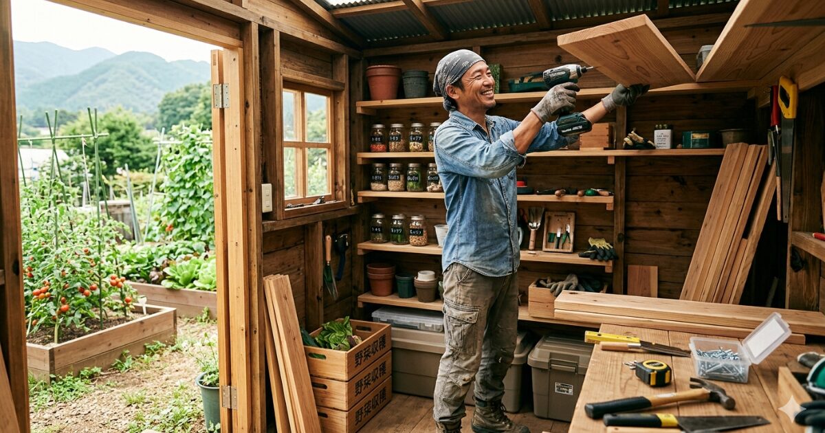 小屋の内装をDIYしている男性のイメージ図