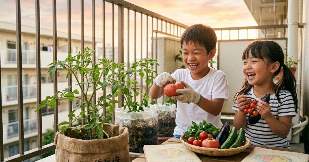 ベランダで兄妹が袋栽培をしているイメージ図