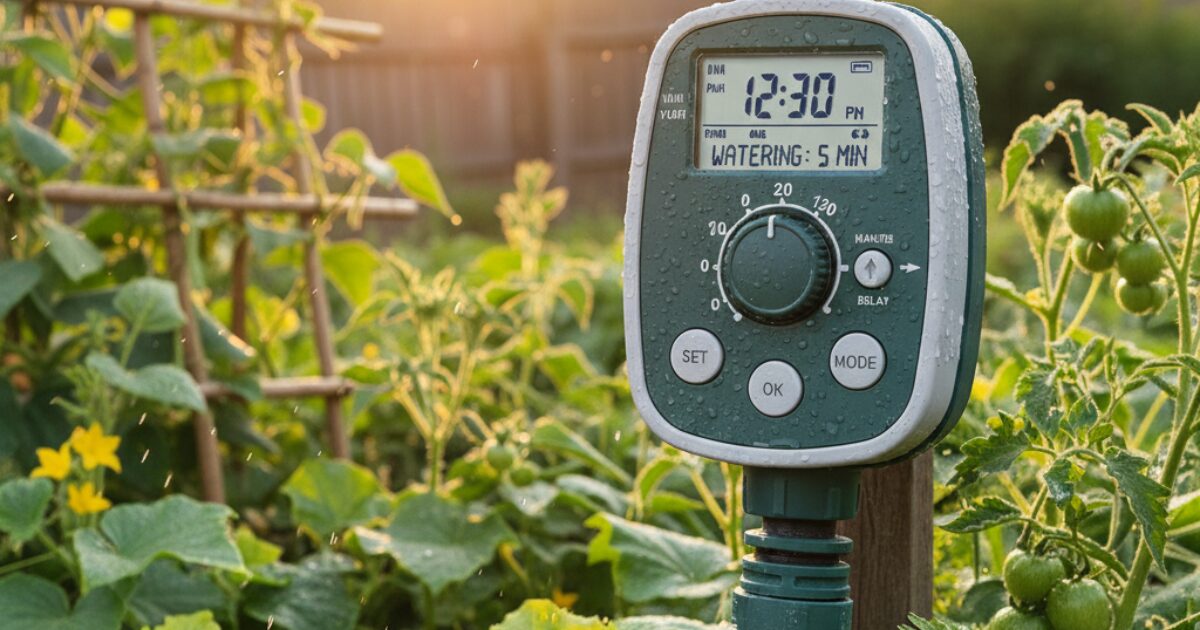 タイマー付き自動水やり機のイメージ図