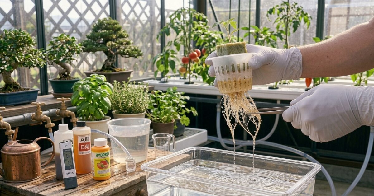 水耕栽培の水替えをしているイメージ図