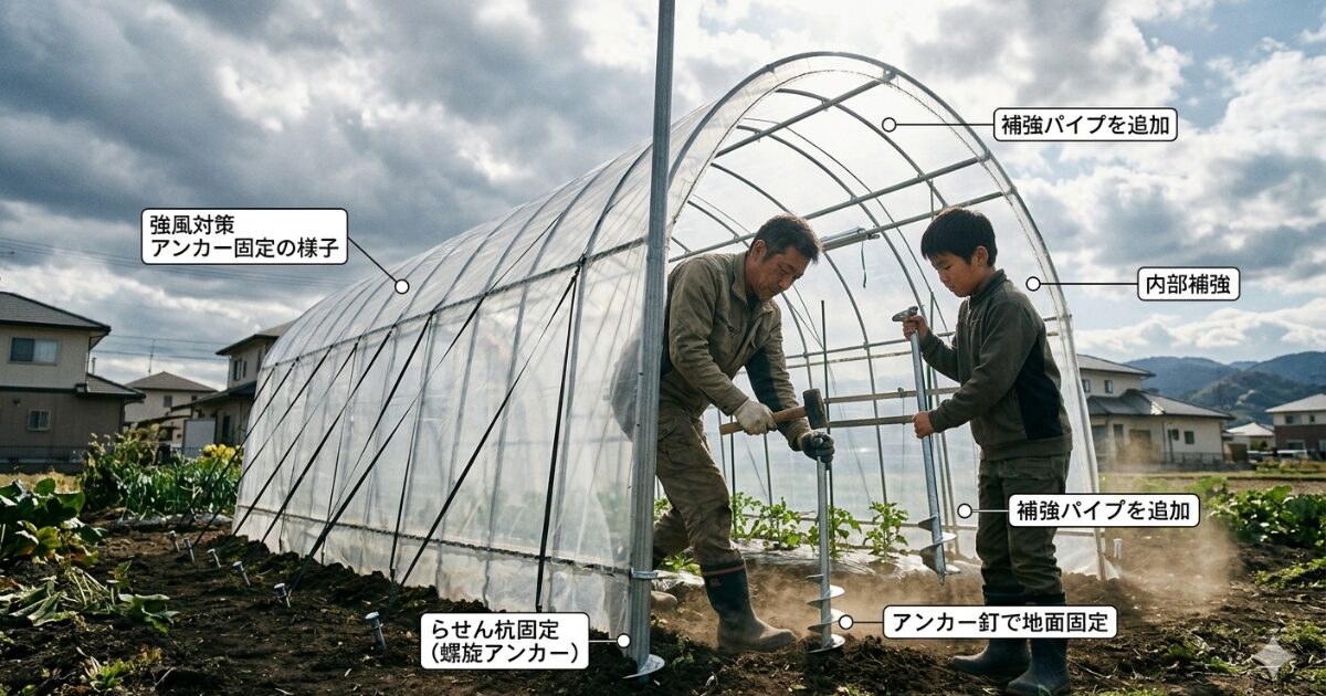ビニールハウスを強風から守っている親子のいめーいず