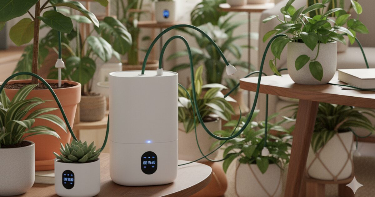 部屋で観葉植物に自動水やりしているイメージ図