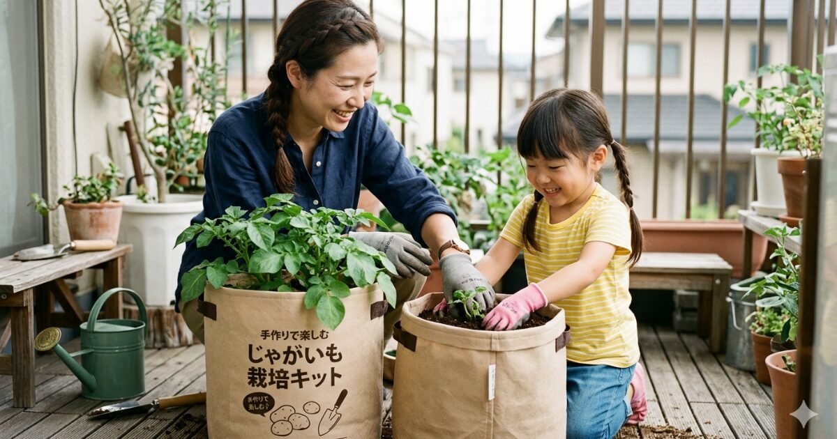 ジャガイモの袋栽培をしている親子のイメージ図