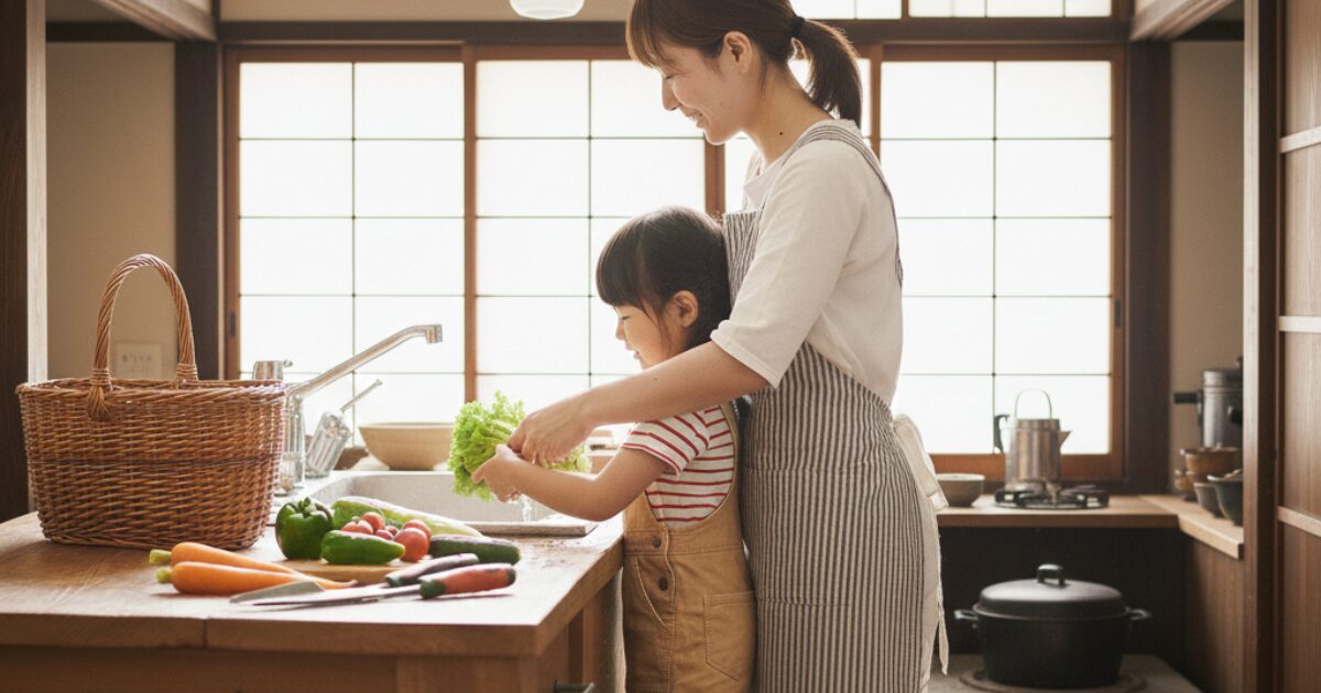 家庭菜園でとれた野菜をキッチンで洗っている親子