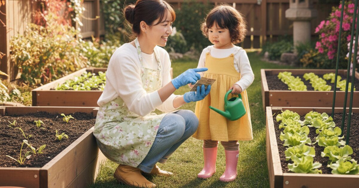 親子で庭に出て家庭菜園を楽しんでいる