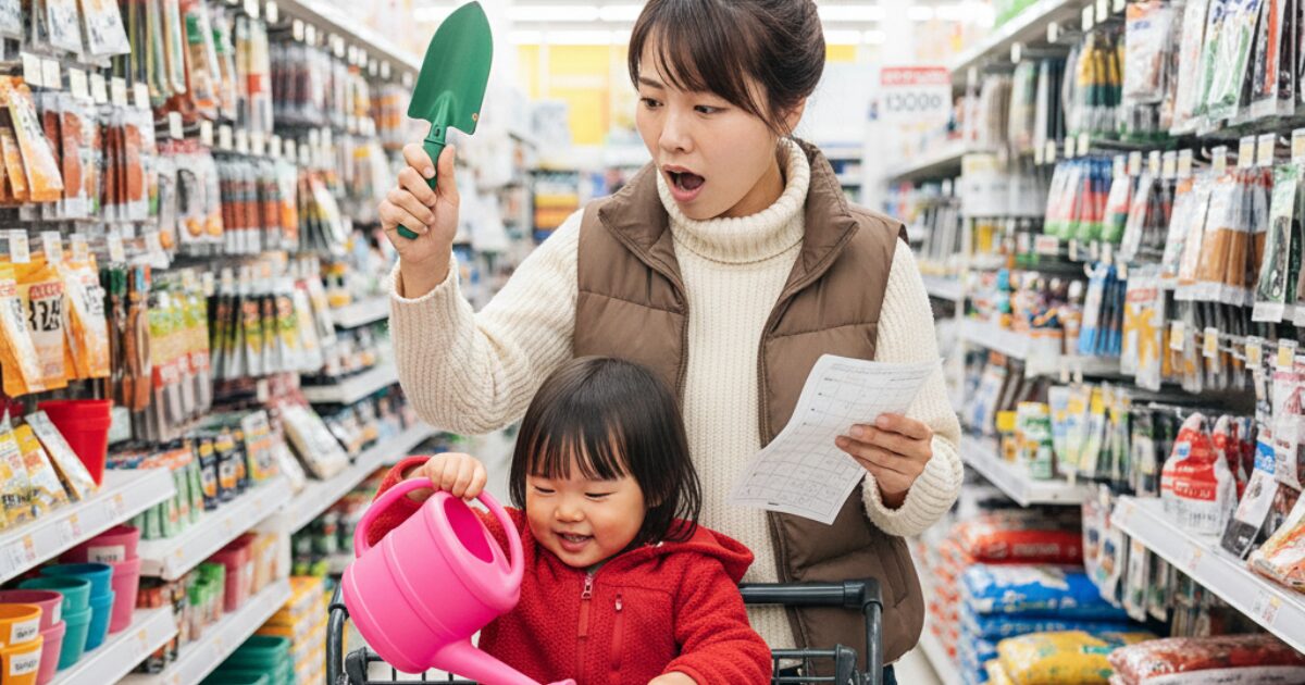 親子で家庭菜園の道後を１００均で買い物中