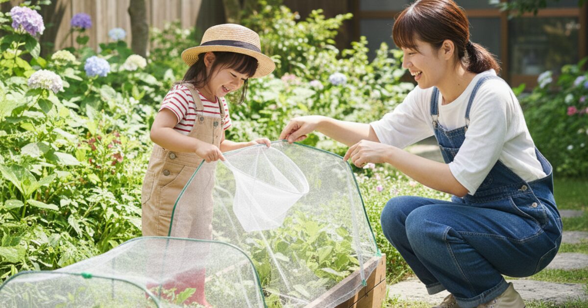 親子でプランターに虫対策のネットを張っている