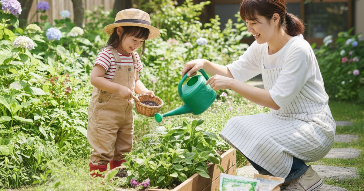 親子で家庭菜園のプランターに肥料や水やりをしている
