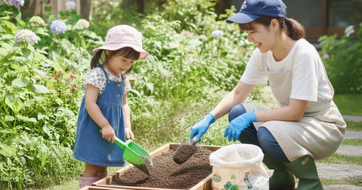 親子で家庭菜園の土づくりをしている