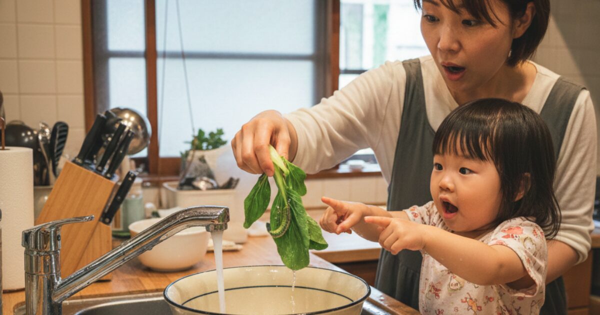 親子で家庭菜園でとれた野菜をキッチンで洗っていると虫が出て驚いている