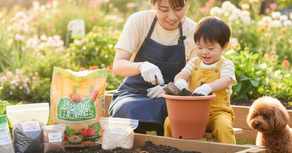 親子で庭でプランターに土を入れているイメージ図