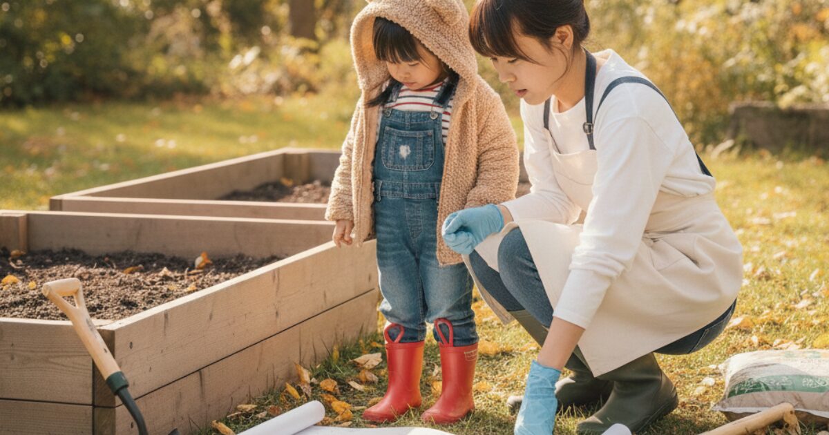 庭の水はけ・日当たりを親子で考えいている